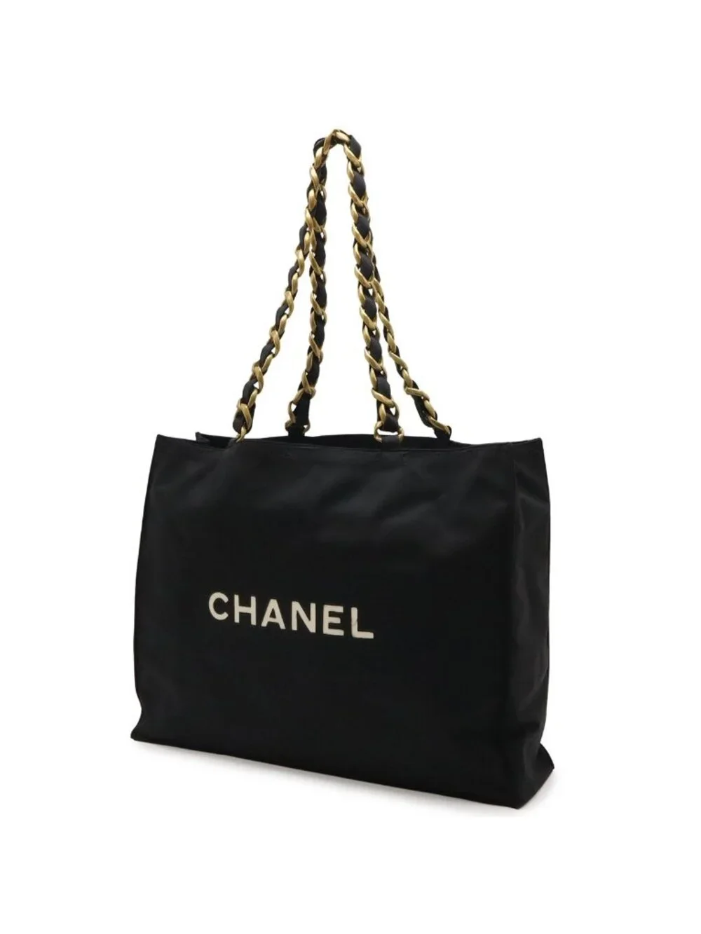 Chanel CC Logo Tote Chain Shoulder Bag Nylon Canvas Black Gold